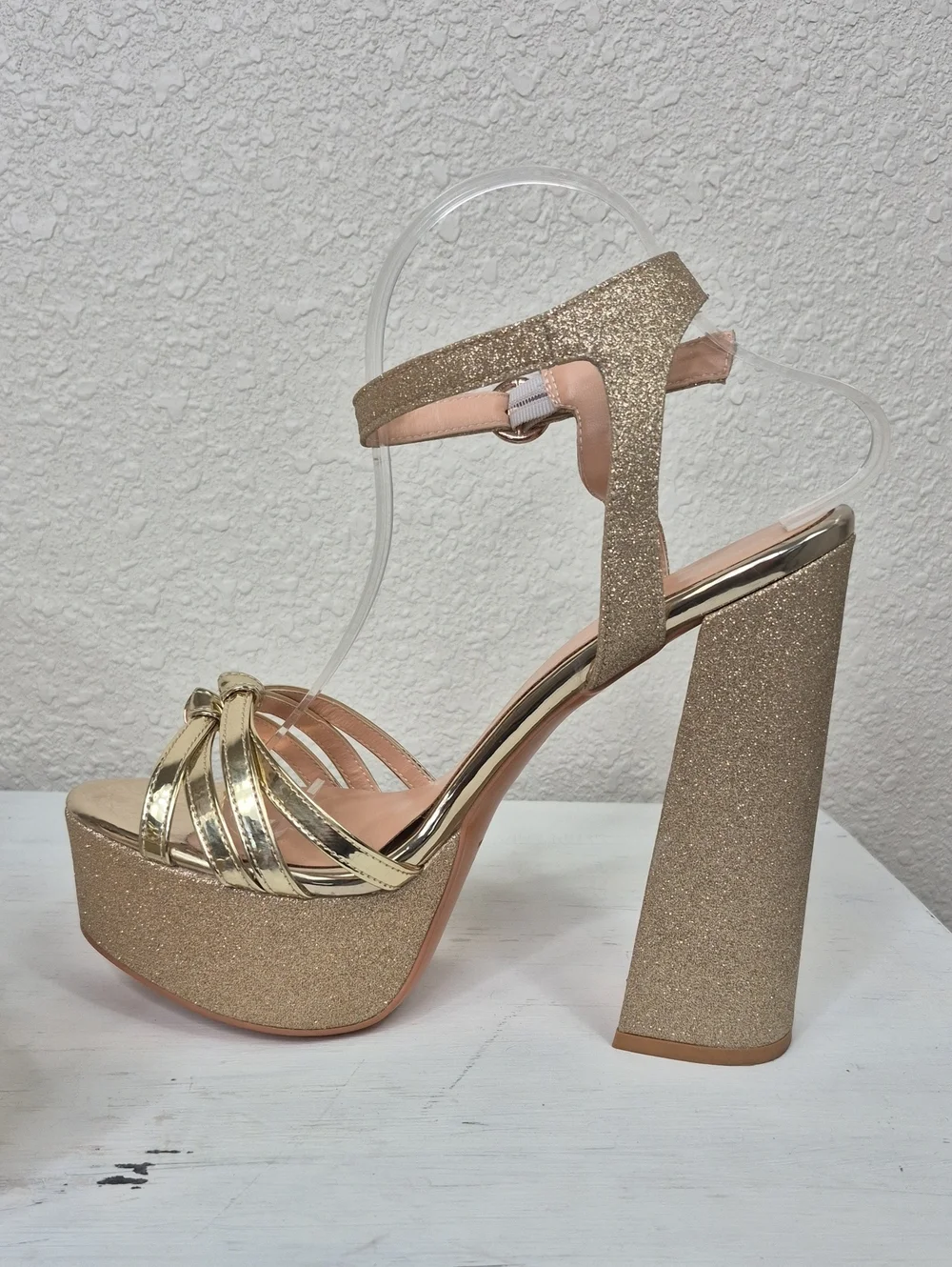 Gold Glitter Platform Block Heel Shoes Sandals Women's 10